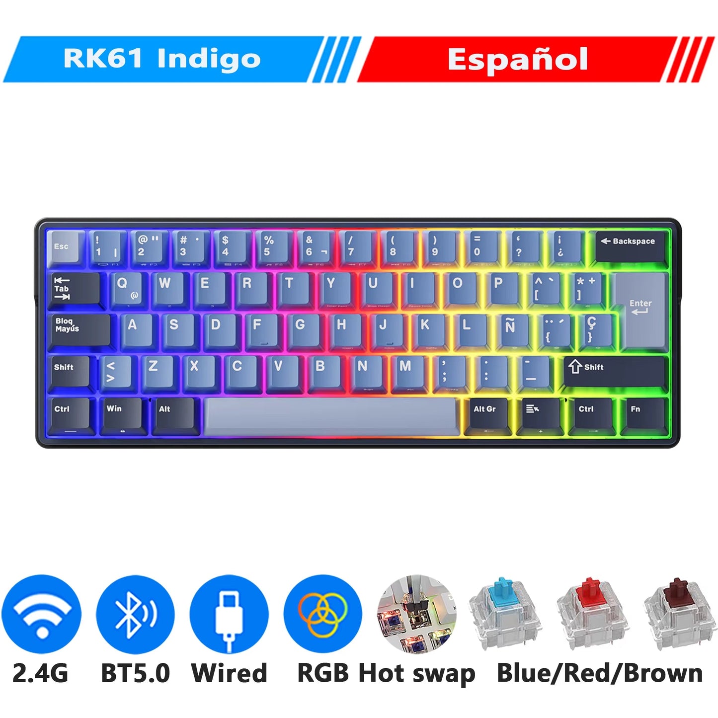 ROYAL KLUDGE RK61 plus 2.4G Wireless Bluetooh Mechanical Keyboard 61 Keys 60% Compact RGB Backlit Hot-Swappable Gaming Keyboards