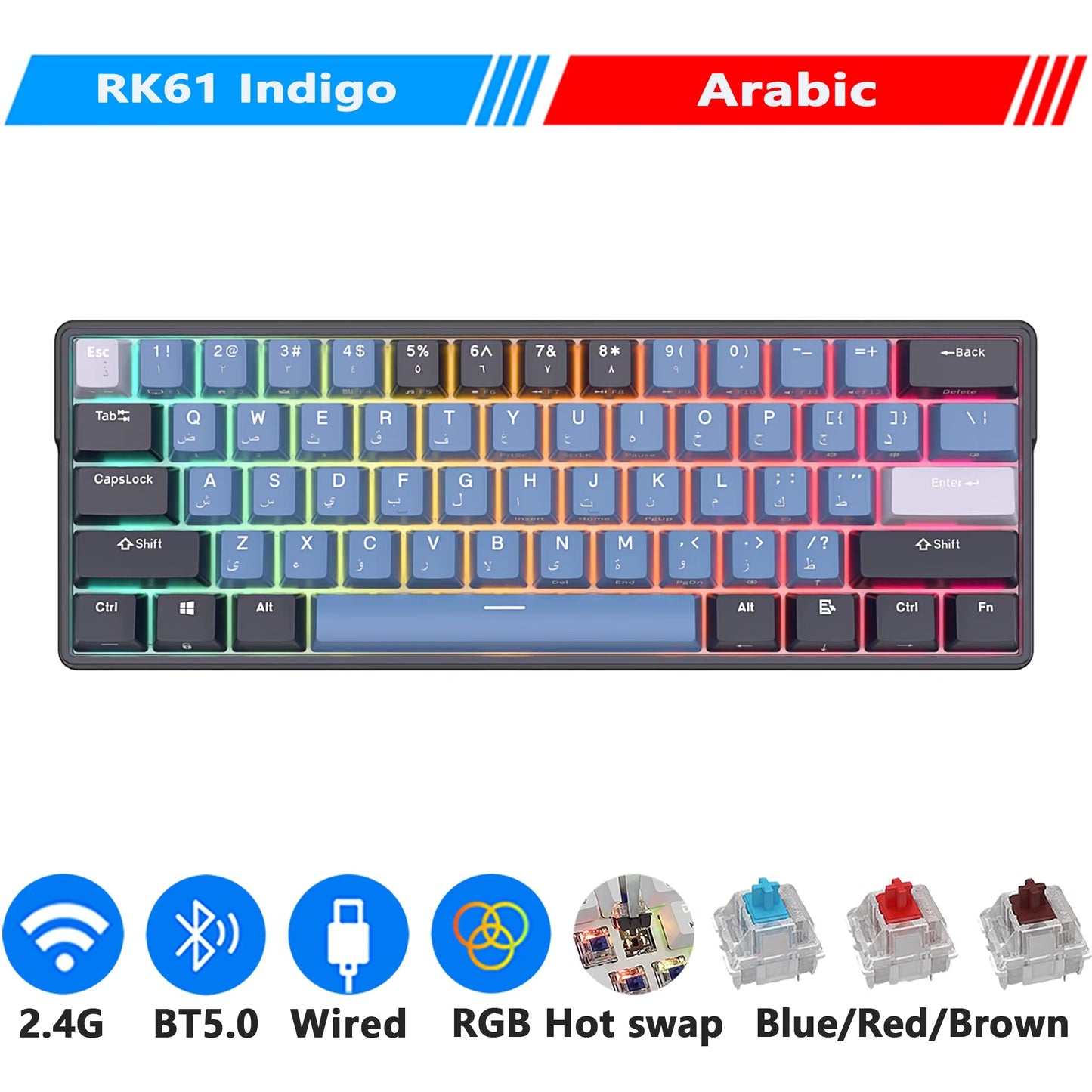 ROYAL KLUDGE RK61 plus 2.4G Wireless Bluetooh Mechanical Keyboard 61 Keys 60% Compact RGB Backlit Hot-Swappable Gaming Keyboards