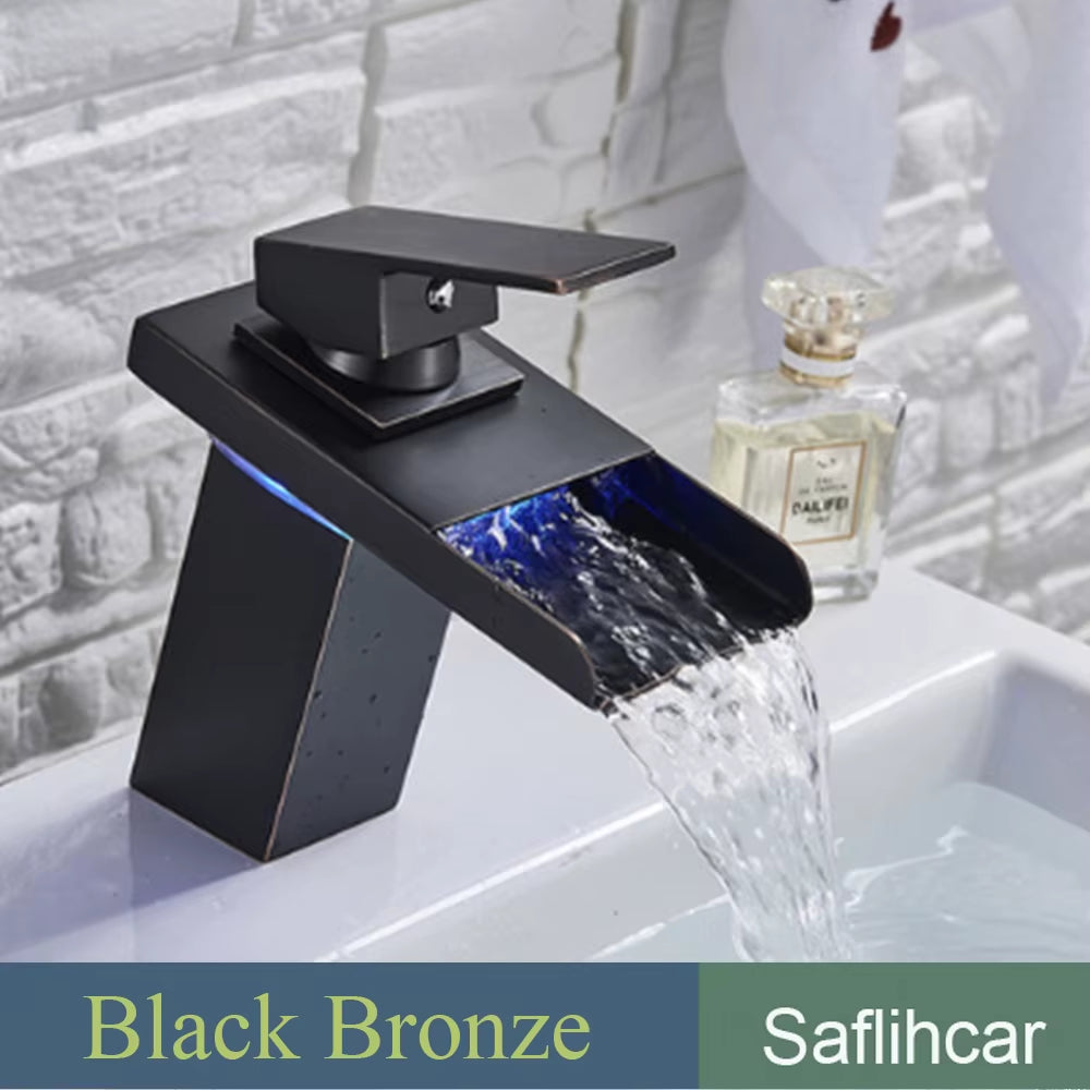 Black Smart LED Bathroom Basin Faucet 3 Color Changes Hot and Cold Water Mixer Taps Chrome Faucet Hydroelectric Power