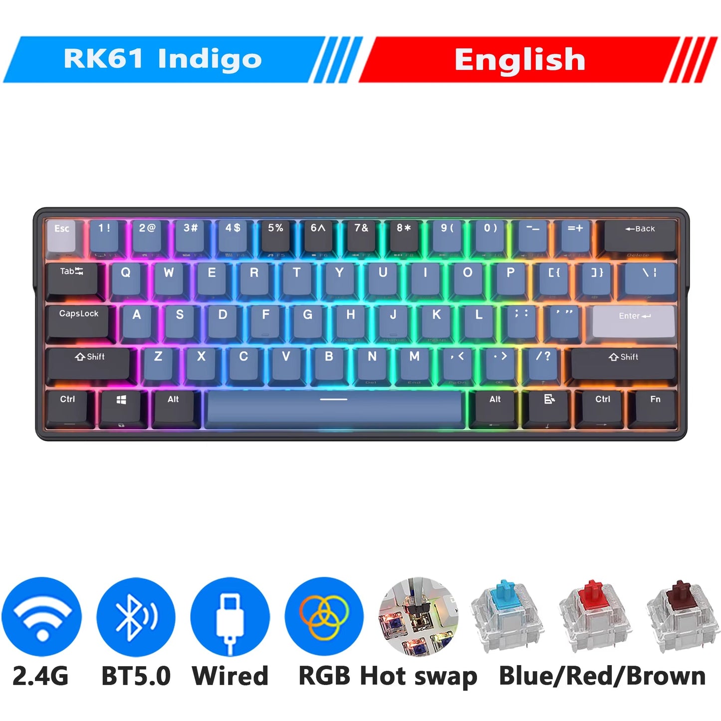 ROYAL KLUDGE RK61 plus 2.4G Wireless Bluetooh Mechanical Keyboard 61 Keys 60% Compact RGB Backlit Hot-Swappable Gaming Keyboards