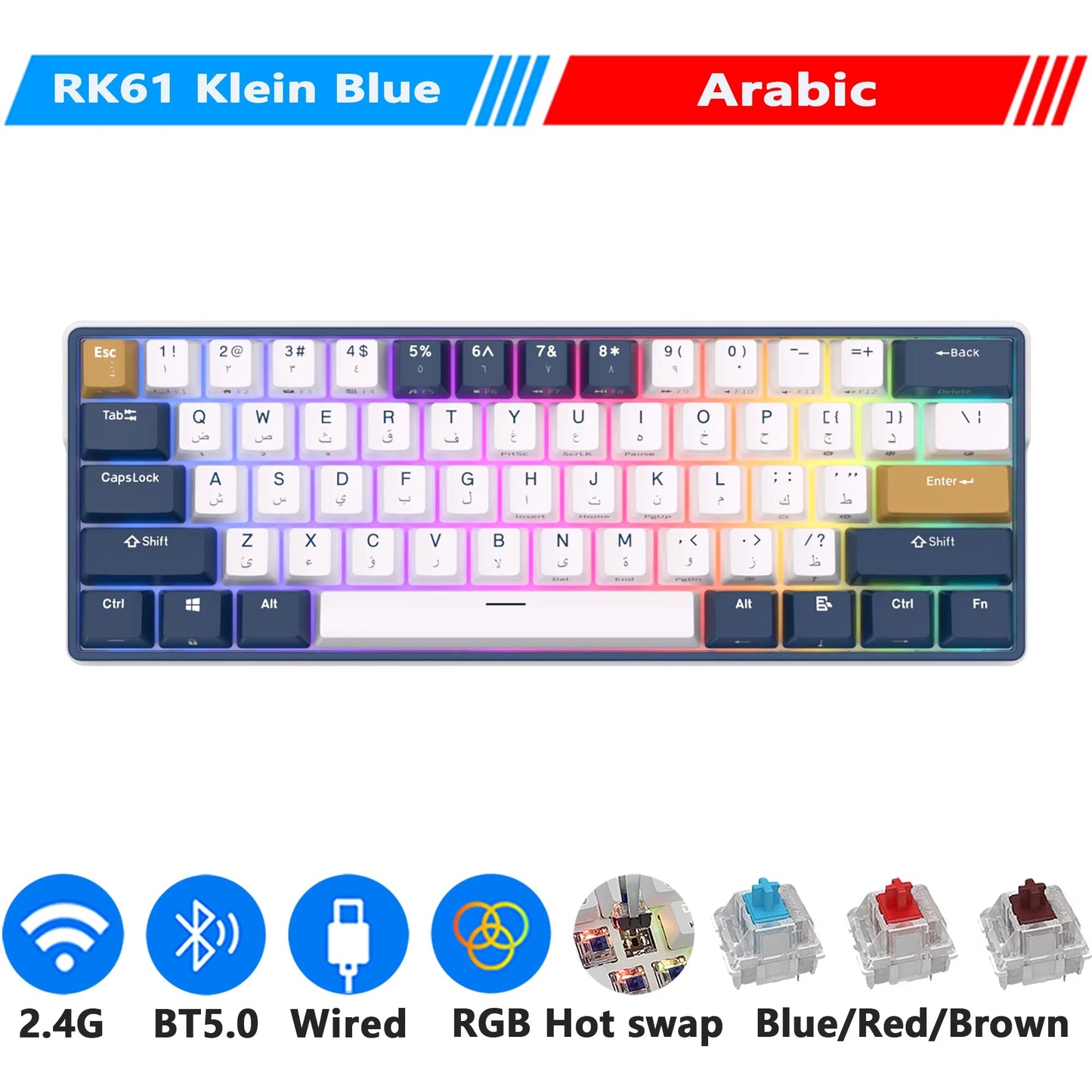 ROYAL KLUDGE RK61 plus 2.4G Wireless Bluetooh Mechanical Keyboard 61 Keys 60% Compact RGB Backlit Hot-Swappable Gaming Keyboards