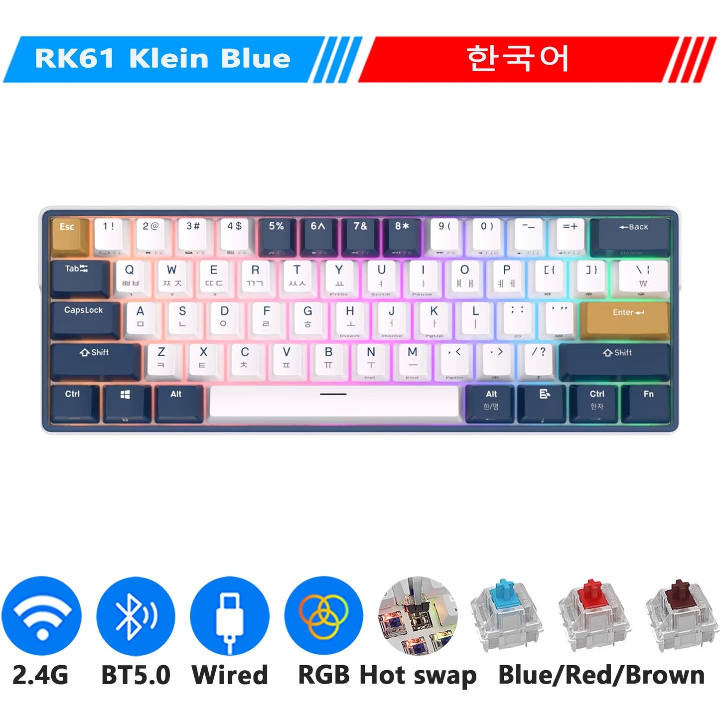 ROYAL KLUDGE RK61 plus 2.4G Wireless Bluetooh Mechanical Keyboard 61 Keys 60% Compact RGB Backlit Hot-Swappable Gaming Keyboards