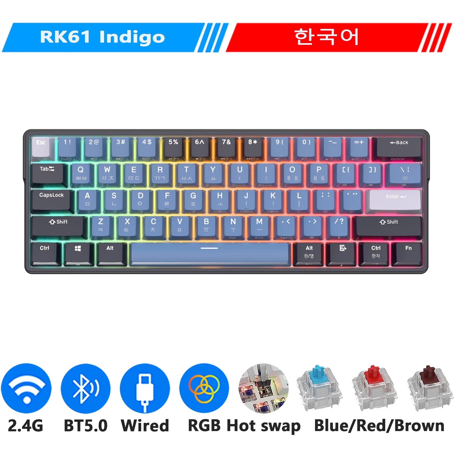 ROYAL KLUDGE RK61 plus 2.4G Wireless Bluetooh Mechanical Keyboard 61 Keys 60% Compact RGB Backlit Hot-Swappable Gaming Keyboards
