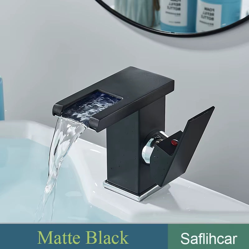 Black Smart LED Bathroom Basin Faucet 3 Color Changes Hot and Cold Water Mixer Taps Chrome Faucet Hydroelectric Power