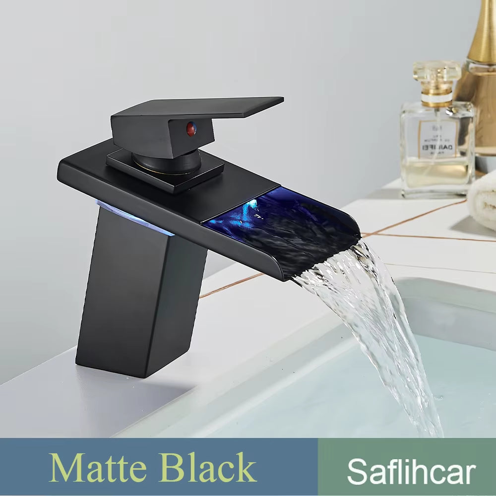 Black Smart LED Bathroom Basin Faucet 3 Color Changes Hot and Cold Water Mixer Taps Chrome Faucet Hydroelectric Power