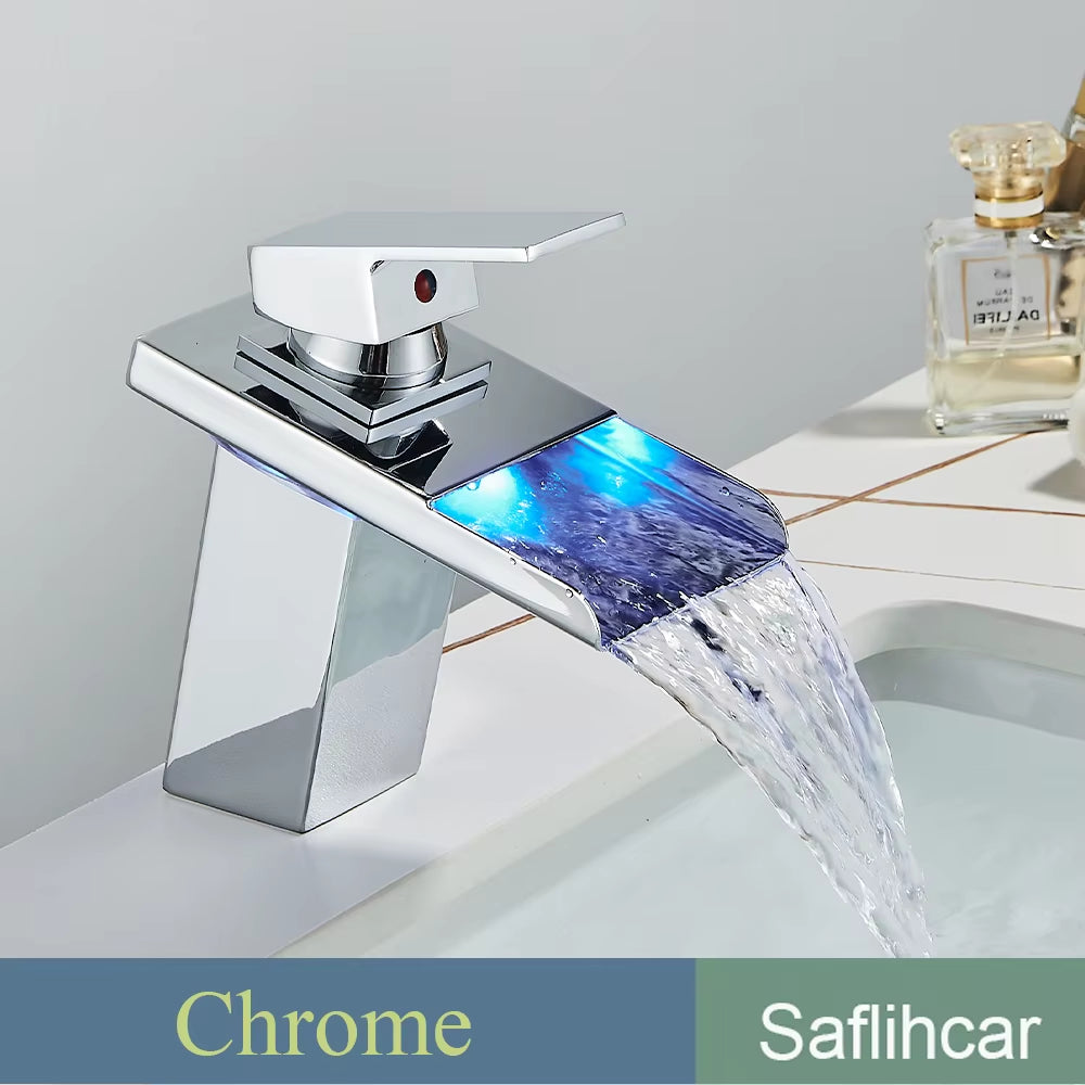 Black Smart LED Bathroom Basin Faucet 3 Color Changes Hot and Cold Water Mixer Taps Chrome Faucet Hydroelectric Power