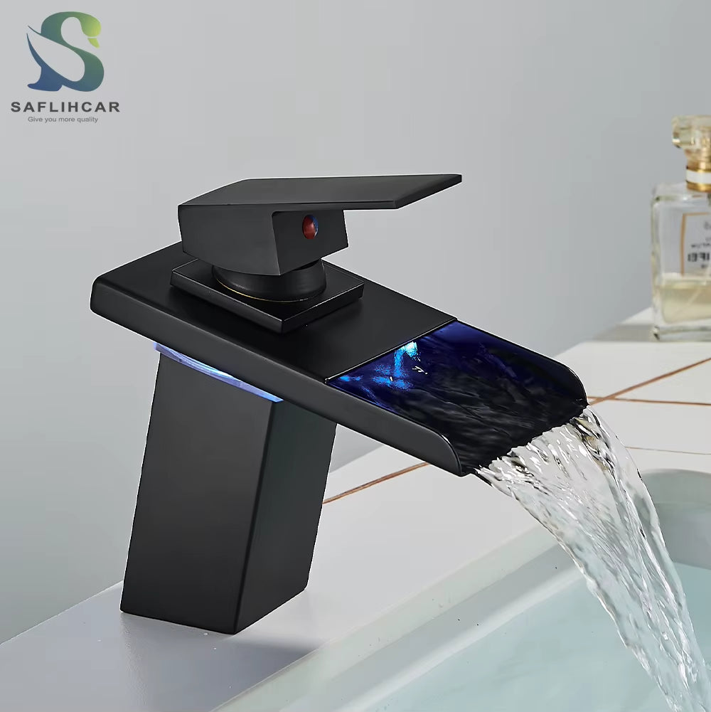 Black Smart LED Bathroom Basin Faucet 3 Color Changes Hot and Cold Water Mixer Taps Chrome Faucet Hydroelectric Power