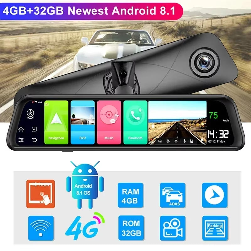 4G RAM Smart Android 8.1 Car Mirror DVR GPS Navigation HD 1080P Video Recorder Camera ADAS 32G ROM Add Original Bracket