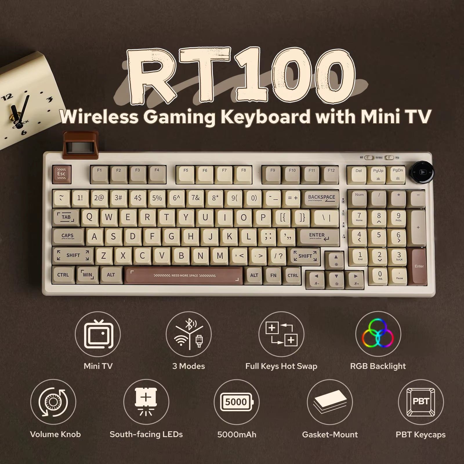 RT100 97Key 95% Bluetooth 5.0/2.4G Wireless/Wired Mechanical Keyboard Customizable Mini Display Gasket-Mounted