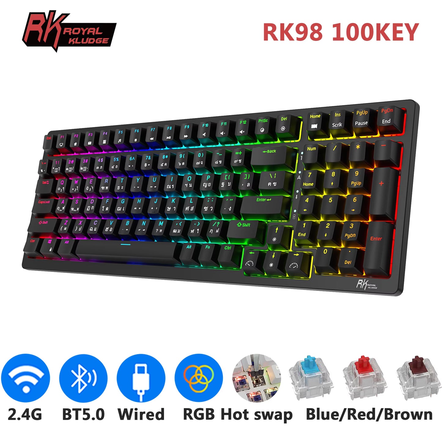 Royal Kludge 98 2.4G Wireless Gaming Mechanical Keyboard 100 Keys RGB Backlight Hot-Swappable Bluetooth Russian Keyboard