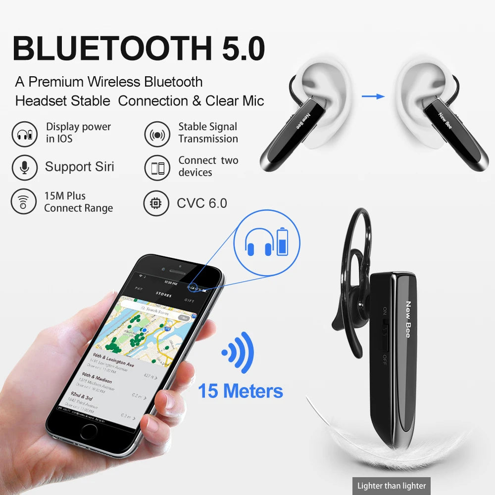 Bluetooth Headset V5.0 Wireless Earphones Headphones with Mic 24Hrs Earbuds Earpiece Mini Handsfree for Iphone Xiaomi
